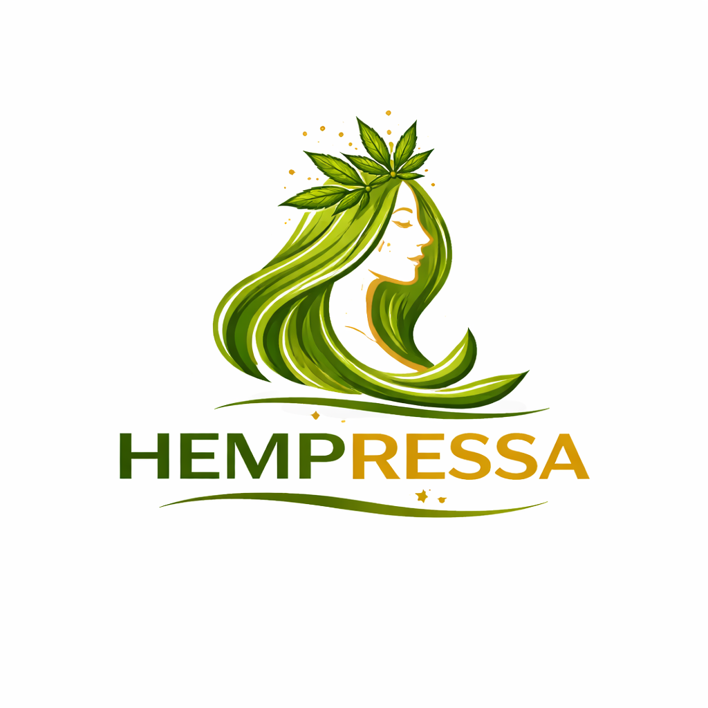 Hempressa logo featuring a woman's profile with flowing green hemp leaf hair and gold-green brand name text